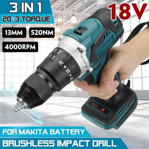 3 in 1 Brushless Electric Screwdriver 20+3 Torque Cordless Impact Drill Electric Hammer Drill For Makita 18V Battery Power Tools