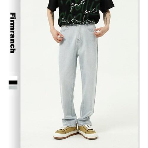 Firmranch Spring Men/Women Lightblue Simple Slimming Straight Leg Long Jeans Retro Japanese&Korean Style Vintage 90s Jeans Pants