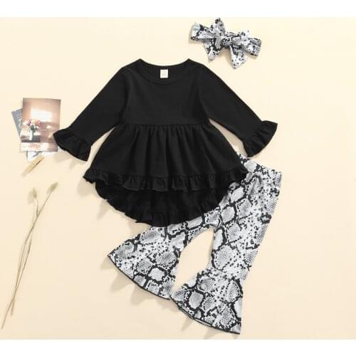 FOCUSNORM 1-5Y Lovely Kids Girls 3pcs Clothes Sets Autumn Outfits Ruffles Long Sleeve Dress Tops Snakeskin Print Pants Headband