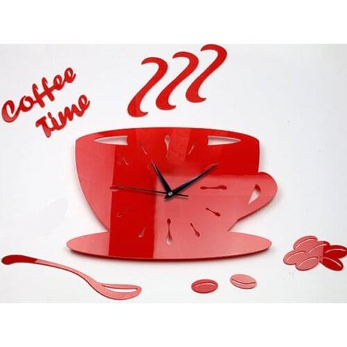 2016 hot sell creative 3D coffee cup clock pointer acrylic ultra quiet bedroom living room wall clock quartz clock Free Shipping