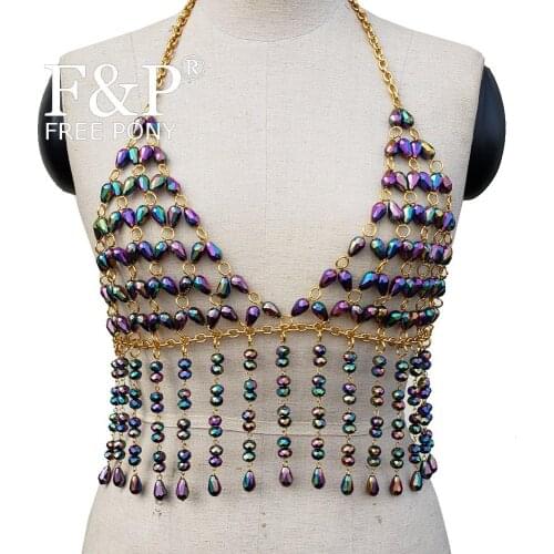 Burning Man Festival Holographic Crystal Fringe Body chain Rave Chest Chain top Carnival Costume Gogo Pole Dance Wear Clothing