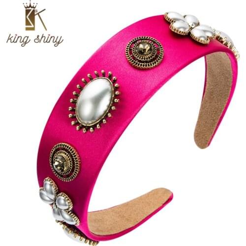 King Shiny Vintage Baroque Imitation Pearl Flower Headband Elegant Flash Crystal Beaded Solid Color Fabric Hairband Headpieces