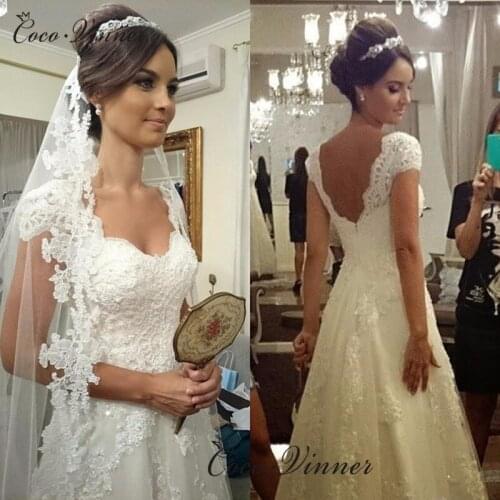 Beautiful Pearls Beading Lace A line Wedding Dress American New Short Sleeves Backless Lace Wedding Gowns W0132