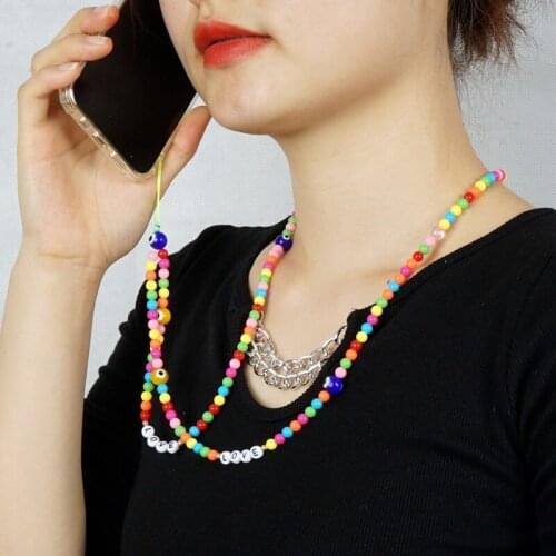Fashion Colorful Ethnic Style Glaze Eyeball Braided Long Chain Mobile Phone Lanyard Ladies Bohemian Smart Phone Necklace
