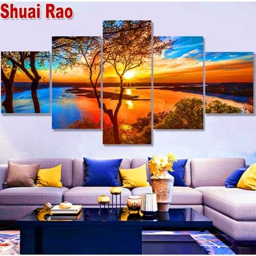Multi-Panel Diamond Painting Complete Beautiful Sunrise Natural Landscape diamond embroidery 5 piece set 5d Diy puzzle mosaic