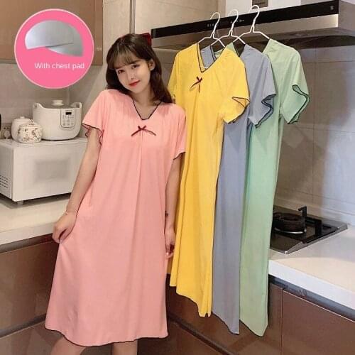 Womens Nightdress Summer Thin Short Sleeve V-neck Home Wear with Bra Sleeping Skirt Loose Nightgown Lovely Princess Style