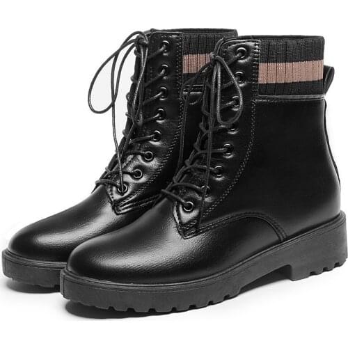 New Luxury Black PU Leather Ankle Martens Boots Women Autumn Winter Spring Round Toe Lace Up Shoes Fashion Motorcycle Platform