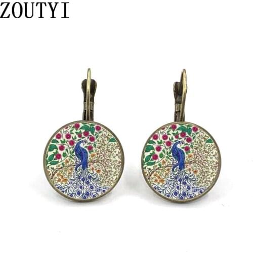 New/glamour fashion personality DIY handmade peacock pattern, convex glass inlay earrings, feminine accessories