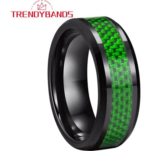 8MM Black Tungsten Carbide Rings For Men Women Wedding Band Green Carbon Fiber Inlay Beveled Edges Comfort Fit