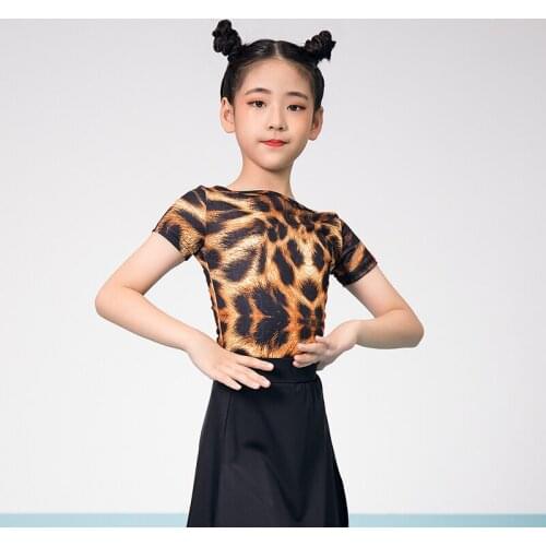 Latin Dance Practice Clothes Girls Short Sleeve Leopard/Black Rumba Tops Samba Shirt Tango Salsa Cha Cha Dance Blouse VO1006