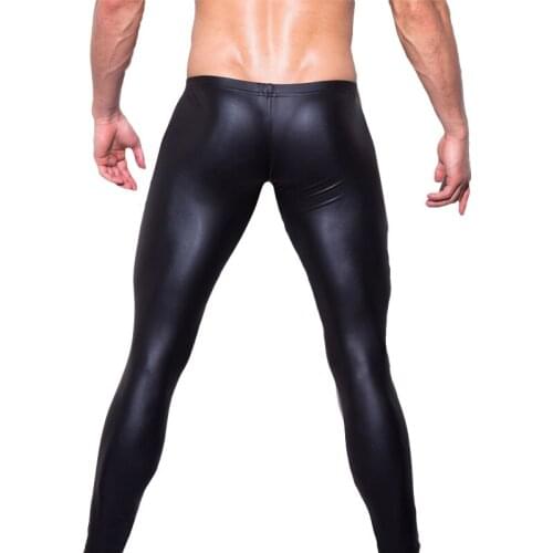 Sexy Men Low-rise U Bulge Pouch Night Club Stage Performance Tights Bodywear Pants Mens Shiny Faux Leather Leggings Gay Wear