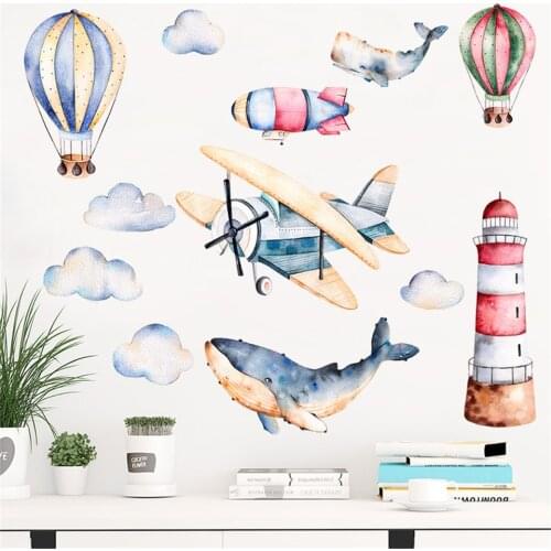 Airplane Shark Lighthouse Wall Stickers DIY for Kids Room Bedroom Nursery Decoration Home Decor ART Sticker PVC Cartoon Decal