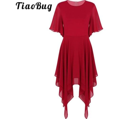 TiaoBug Adult Solid Color Asymmetrical Chiffon Contemporary Lyrical Dance Costumes Women Figure Skating Ballet Leotard Dress