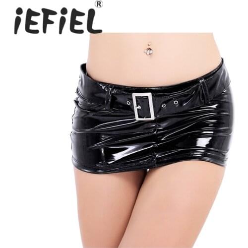IEFiEL Sexy Patent Leather Women Wetlook Short Mini Skirt with Waist Belt Loops Party Nightwear Nightclub Performance Skirts