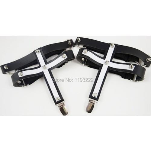 Sexy Handmade Punk Goth Double Layered Black White Leather Garter Belt Heart Elastic Leg Ring LOOP