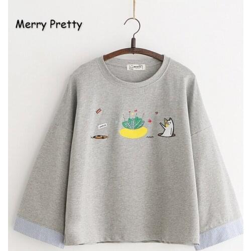 Merry Pretty Cotton Women Cartoon Cat Embroidery Cute Hoodies Sweatshirts 2020 Winter Long Sleeve O-Neck Harajuku Pullovers