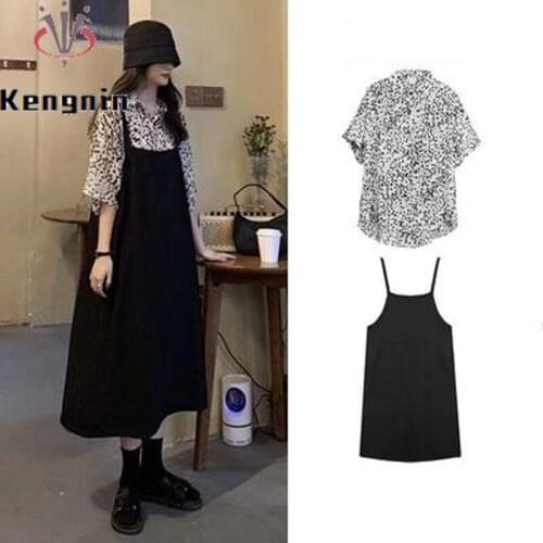 2021 Summer Oversized Loose Women Sets Vintage Short Sleeve Leopard Blouse + Straps Dress Ladies Two Piece Shirt Suit KE965