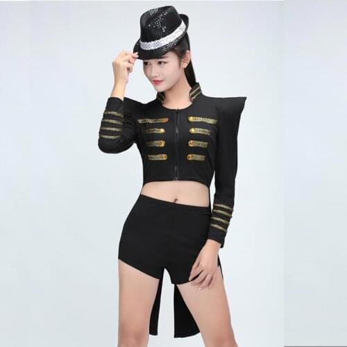 Black Costume Fashion Women Jazz Dance Jacket Wear Adult Latin dance costume black tuxedo performance wear singer dancer cloth