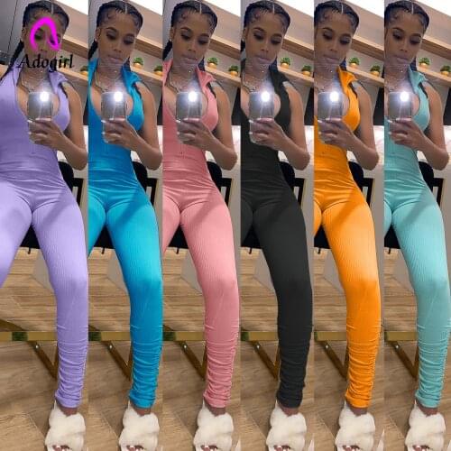 Ribbed Knitted Women Jumpsuits Zipper Front Sleeveless Skinny Rompers 2021 Autumn Sexy Solid Night Club Party One Piece Outfits