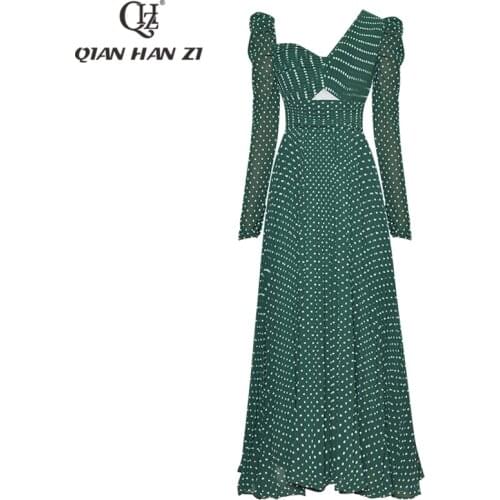 Qian Han Zi designer fashion runway maxi dress Womens Long Sleeve Hollow Polka Dot Embroidered Green Beach Holiday Long dress