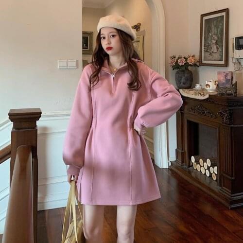 Nice winter new Korean loose and thickened hooded waist zipper design medium length A-line dress women Cotton