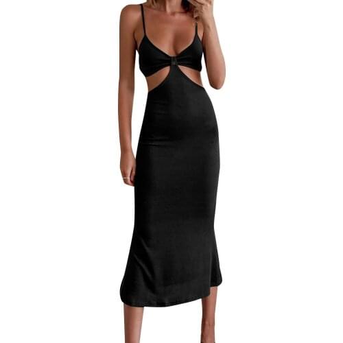 2021 Super Sexy Dress Womens Summer Woman Solid Design Suspender Sleeveless Open Back V-neck Maxi Dresses Waist Hip Slim Fit