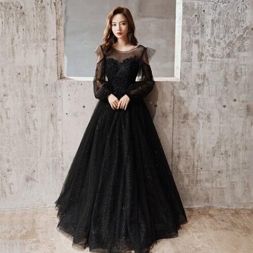 Evening Dress O-Neck Embroidery Sequins Full Sleeves Elegant Black A-Line Floor-Length New Tulle Woman Formal Party Gowns A863
