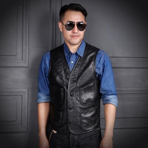 Japanese Vintage Genuine Leather Vest Mens Black Western Cowboy Waistcoat Sheepskin Sleeveless Leather Jackets Motorcycle Vests
