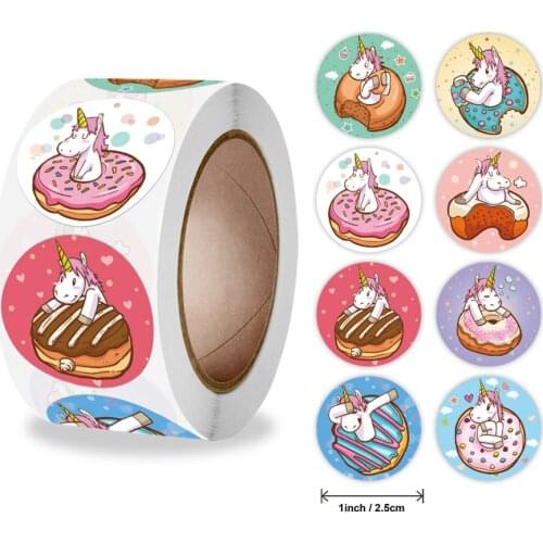 500PCS Donut Unicorn Sticker for Children Birthday Reward Stationery Tag Gift Box Seal Label Easy to Peel Bag Cake Bakery Decor