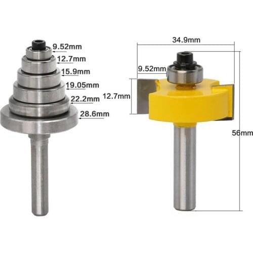 2PCS 1/4 Shank Rabbet Router Bit with 6 Bearings Set Adjustable Tenon Cutter Cemented Carbide Woodworking Bits MC01010
