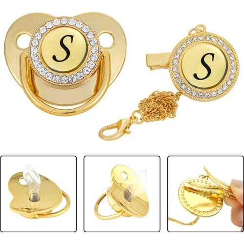 2pcs/set Home Boy Girl Nipple Baby Pacifier Gold Bling With Clips Initial Letter Soft Silicone Nipples Exquisite Gift With Clips
