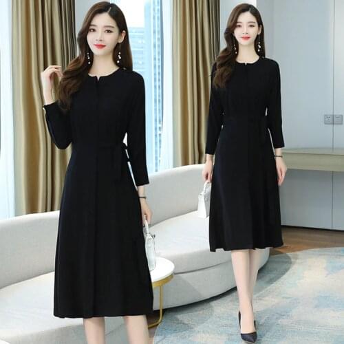 2021 Vintage Solid Long Sleeve Midi Dress Autumn Winter Plus Size Sexy Black Hepburn Dress Elegant Women Bodycon Party Vestidos