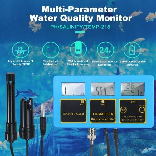 240V Water Quality Monitor 3-in-1 PH/Salinity/TEMP Meter Rechargeable Water Quality Tester Detector PH & Salinity Monitor