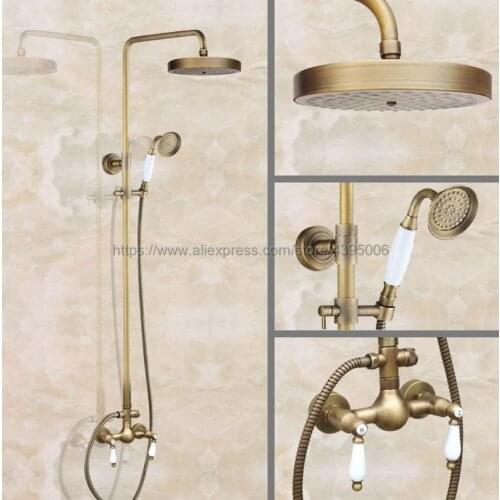 Antique Brass Bathroom Rainfall Shower Faucets Set Double Handle Mixer Tap Wall Mounted Bath Showers Sets Ban119