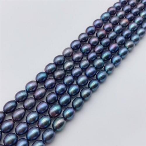 Natural black 7-9mm rice shape freshwater pearl loose beads 15" AA