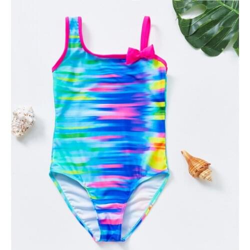 Little Big Girls' One-Piece Rainbow Stripe Swimsuit 2019 Fashion One-Shoulder Kids Girls Ruffle Neck Bathing Suits 3-14 Years