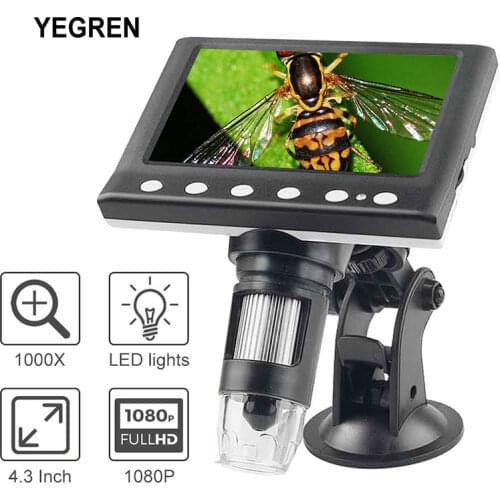 1000X USB Digital Microscope 4.3" LCD Screen 8 LED Light Rechargeable Industrial Electronic Microscope with Stand for PCB Repair