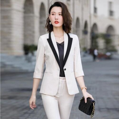 Formal Women Business Suits Spring Summer Half Sleeve Pantsuits Professional OL Styles Career Work Wear Trousers Set Blazers