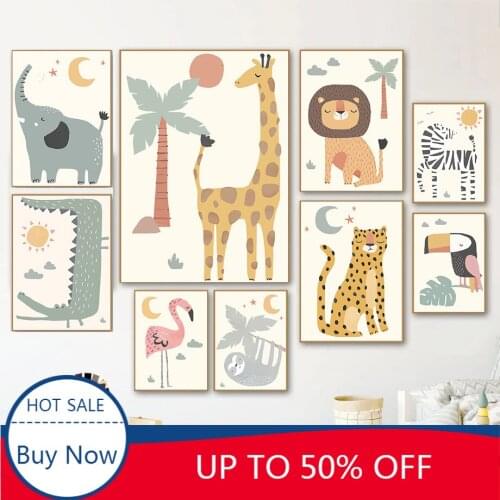 Baby Animals Wall Art Canvas Painting Cartoon Lion Giraffe Elephant Posters and Prints Room Decor Pictures for Home Decoration