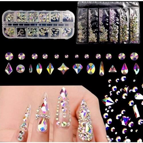 Hotsale Crystals AB Nail Rhinestones Set 120pcs Irregular Nail Flatback Glass Plus 1728pcs Mix Size Round Rhinestones With Wax