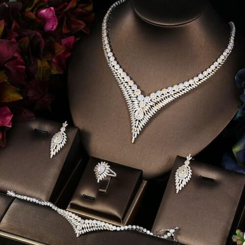 Janekelly 4pcs Bridal Zirconia Full Jewelry Sets For Women Party, Luxury Dubai Nigeria CZ Crystal Wedding Jewelry Sets