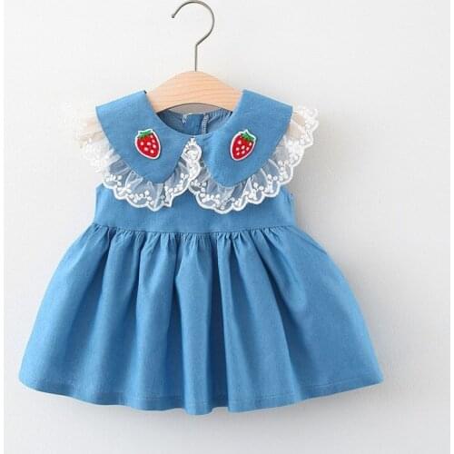 Baby Girl Summer Baby Collar Lace Cherry And Strawberry Embroidery Embroidered Denim Princess Dress