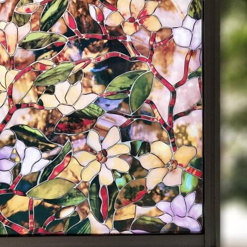 45/60/90 x 200 cm Privacy solar Window Film.Static Non-adhesive Stained magnolia Pattern Home Glass Decorative Sun Blocking Film