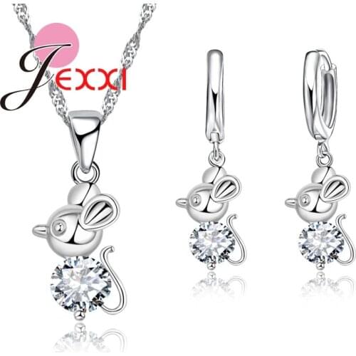 Children Fashion 925 Sterling Silver Lovely Cartoon Mouse Pendant Jewelry Set Long Tail Big Crystal Body Necklace Earrings