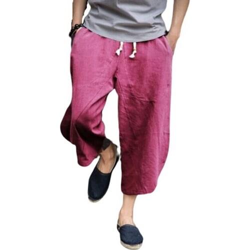 Man Linen Cropped Cross Pant Men Wide-Legged Bloomers Male Traditional Nepal Retro Linen Cropped Pants Men Casual Pants Loose