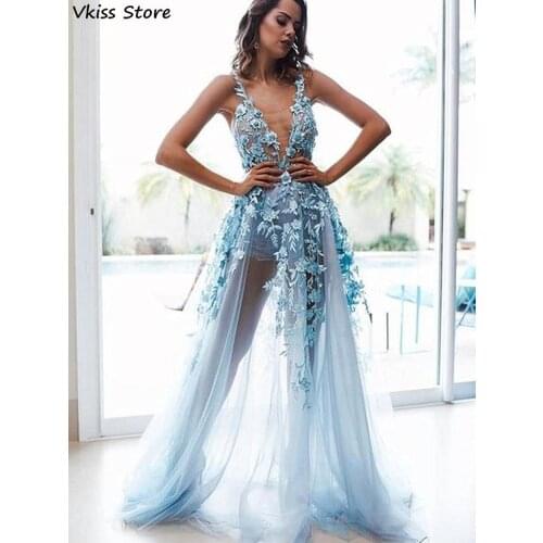 Sky Blue Evening Dress 2020 New Sexy Illusion Spaghetti Strap Applique Flower A-line Backless Peom Dress коктейльные платья