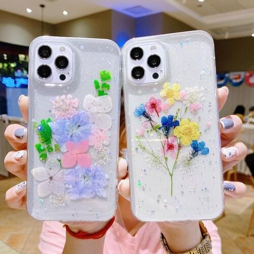 New Glitter Epoxy Dried Flower Silver foil Phone Case On For iPhone 12 11 Pro XS Max XR X 7 8 Plus SE 2 Soft Silicone Back Cover
