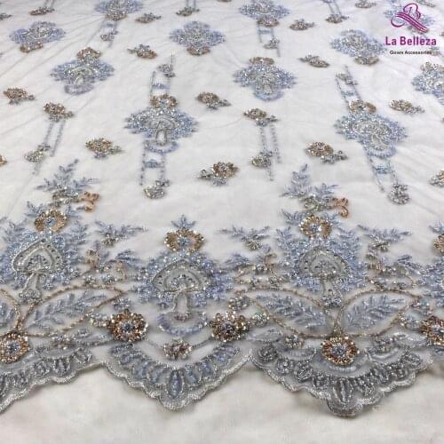 New fashion gray mixed handmade beaded on tulle embroidery lace fabric wedding dress/party dress lace fabric by yard