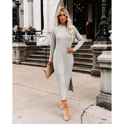 Autumn Knitting Cotton Long Dress Grey Slim Straight Sweater Dress Office Lady Slit Pencil Dress Mid-Calf