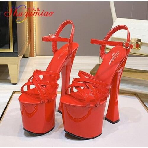 Summer New 17CM Comfortable Patent Leather Sandals Brand Design Nightclub Striptease Shoes Female Model Stage Super High Heels